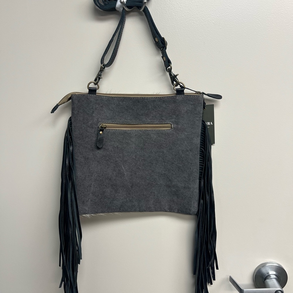 Myra Bag Black, White & Tan Cowhide Tooled Fringe Crossbody - Picture 2 of 2